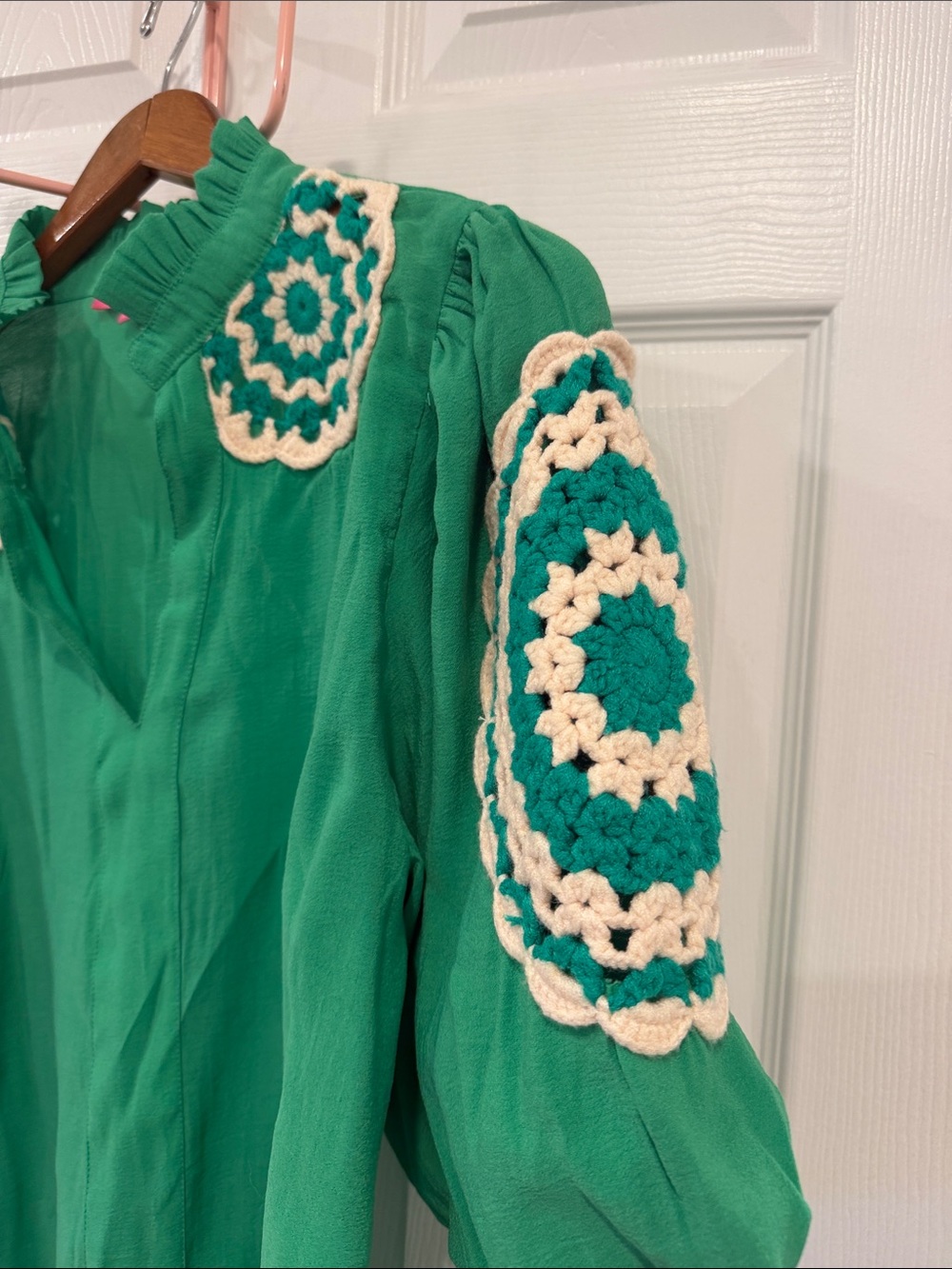 THML Emerald Green Puff Sleeve Blouse with Cream Crochet Medallions - Picture 3 of 6
